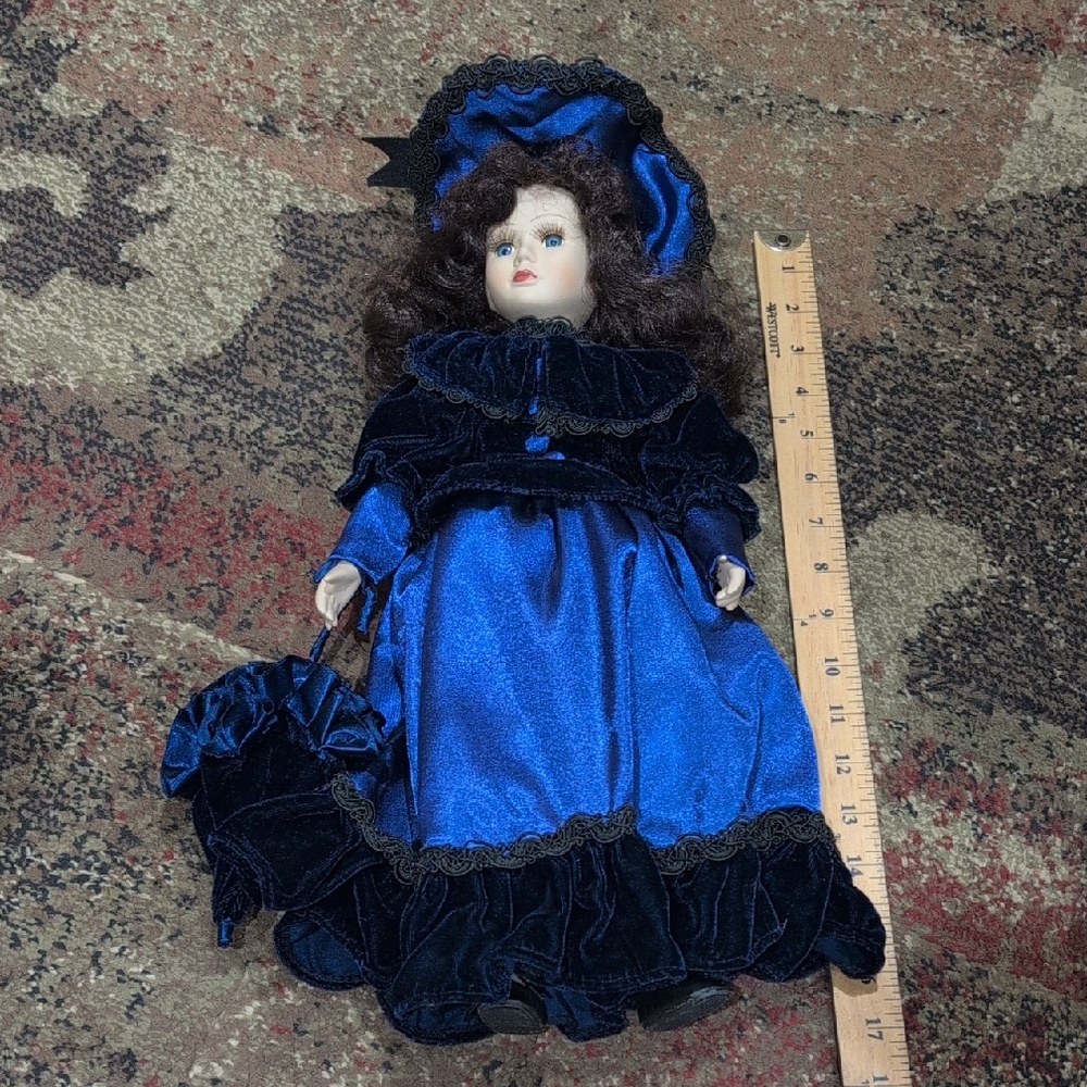 Blue Porcelain Victorian-Style Doll with Bonnet